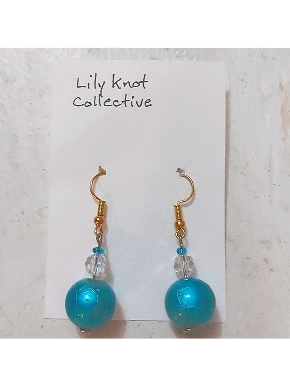 Lilyknot Turquoise Glass Earrings, Silver Caps, Gold - Plated Wire, 1.75 in